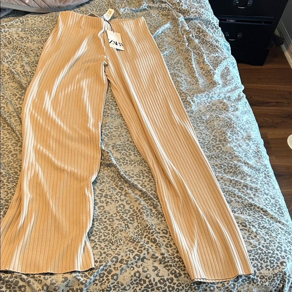 Ribbed Tan Wide-Leg Pants